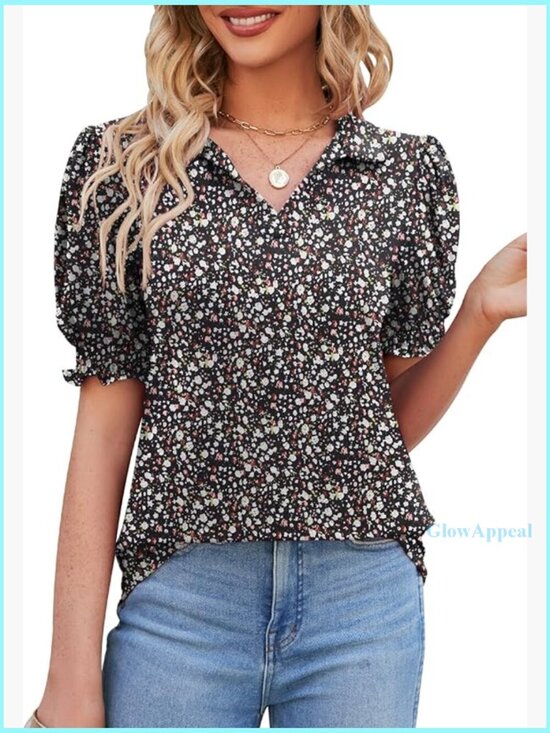 Tops - Women's V-Neck Polo Tunic with Puff Sleeves, Regular Fit, Lightweight Fabric